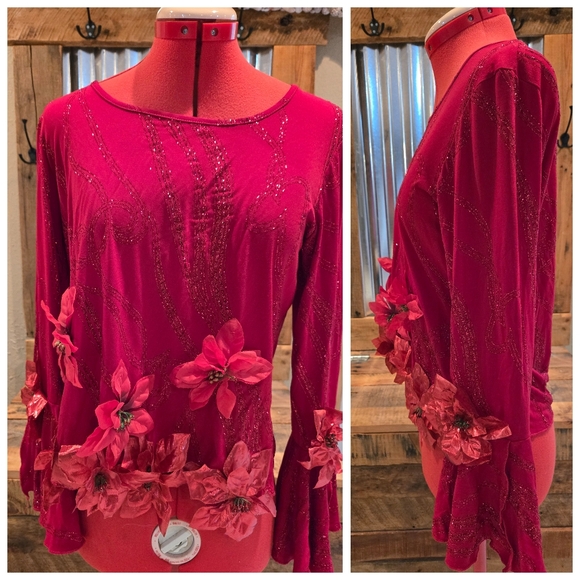 Sparkly Red Christmas Crop Top S Poinsettias Upcycled Holiday - Picture 2 of 3